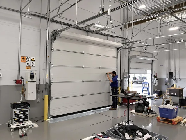 Commercial garage door repair being performed by Aurora Garage Door Repair expert in Aurora